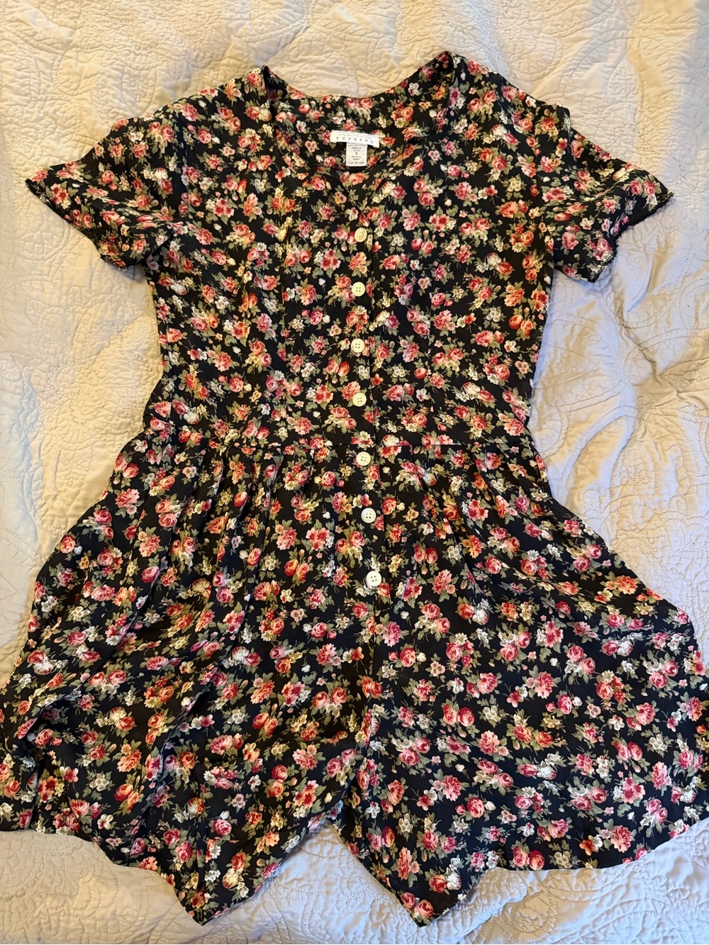 Vintage 90s express Black Floral Button-Front Romper